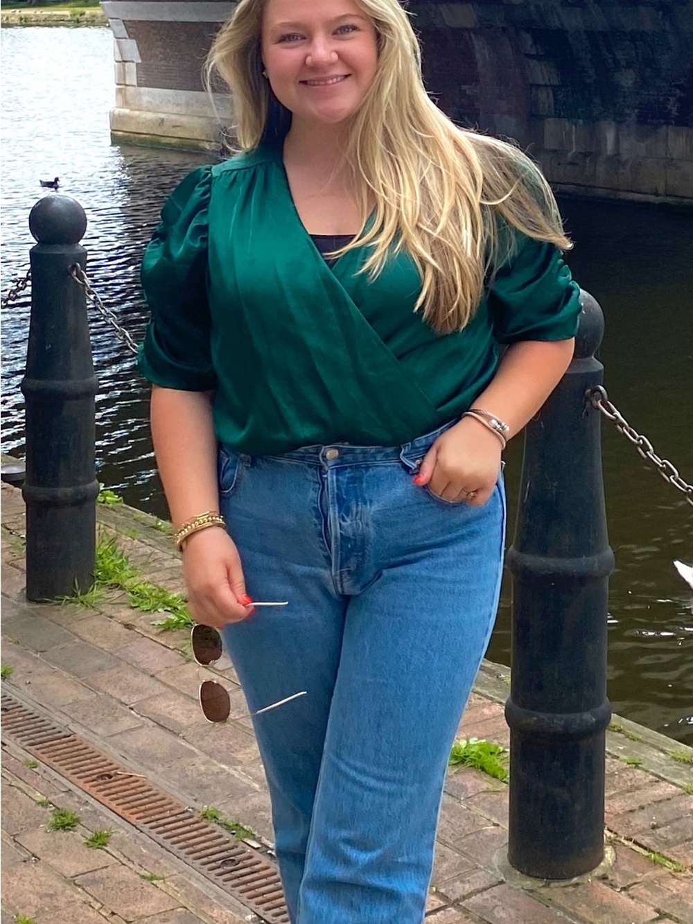 Emerald Green Satin Wrap Blouse